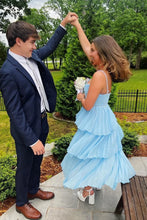 Load image into Gallery viewer, Sparkly A Line Sweetheart Blue Tea Length Party Dress with Ruffles