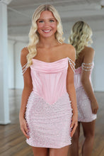 Load image into Gallery viewer, Stylish Bodycon Off the Shoulder Light Pink Corset Homecoming Dress with Pearls