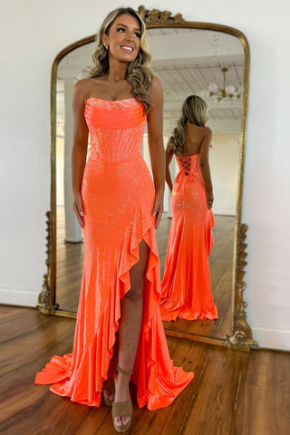 Sparkly Hot Pink Mermaid Strapless Long Beaded Prom Dress with Slit