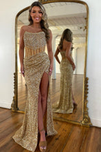 Load image into Gallery viewer, Sparkly Luxurious Mermaid Strapless Long Prom Dress with Beading And Slit