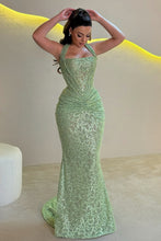 Load image into Gallery viewer, Sparkly Mermaid Halter Neck Burgundy Sequins Long Prom Dress with Ruched