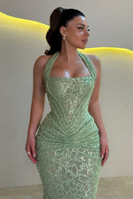 Load image into Gallery viewer, Sparkly Mermaid Halter Neck Burgundy Sequins Long Prom Dress with Ruched