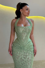 Load image into Gallery viewer, Sparkly Mermaid Halter Neck Burgundy Sequins Long Prom Dress with Ruched