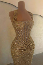 Load image into Gallery viewer, Sparkly Mermaid Halter Neck Gold Sequins Long Prom Dress with Ruched