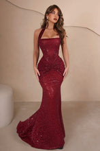 Load image into Gallery viewer, Sparkly Mermaid Halter Neck Burgundy Sequins Long Prom Dress with Ruched