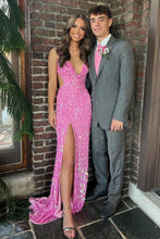Load image into Gallery viewer, Sparkly Mermaid V Neck Gold Sequins Long Prom Dress with Open Back