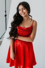 Load image into Gallery viewer, Sparkly Red A-Line Spaghetti Straps Short Beaded Homecoming Dress