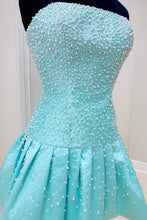 Load image into Gallery viewer, Strapless Aqua Blue Pearl Homecoming Dress with Beaded Bodice and Bubble Skirt