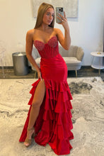 Load image into Gallery viewer, Stylish Mermaid Sweetheart Red Corset Prom Dress with Beading Ruffles