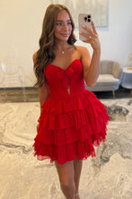 Load image into Gallery viewer, Strapless Red Ruffle Tiered Homecoming Dress with Front Bow Detail