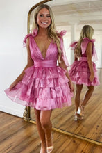 Load image into Gallery viewer, Stunning A-Line Deep V-Neck Short Tiered Satin Homecoming Dress