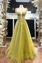 Load image into Gallery viewer, Stunning A-Line Lace Up Long Glitter Tulle Prom Dress with Appliques