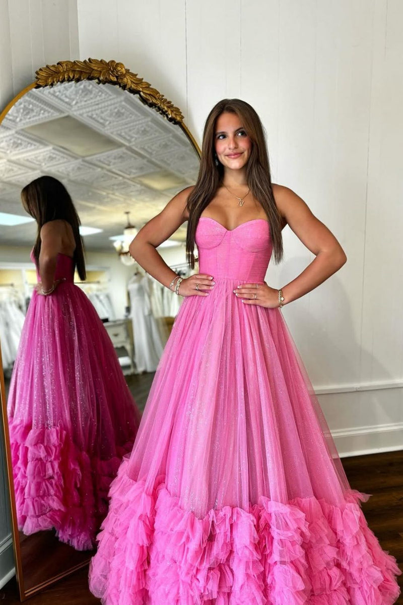 Luuvis Women Stunning A-Line Pink Sweetheart Long Glitter Tulle Prom