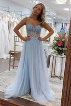 Load image into Gallery viewer, Stunning A Line Blue Spaghetti Straps Long Tulle Prom Dress with Beading