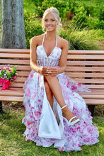 Load image into Gallery viewer, Stunning A Line Halter Neck Pink Floral Printed Corset Prom Dress with Pearls