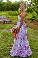 Load image into Gallery viewer, Stunning A Line Halter Neck Pink Floral Printed Corset Prom Dress with Pearls