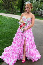 Load image into Gallery viewer, Stunning A Line Sweetheart Blue Printed Corset Prom Dress with Beading Ruffles