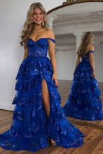 Load image into Gallery viewer, Stunning Glitter A-Line Off The Shoulder Long Tiered Prom Dress With Split