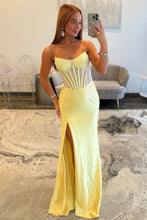 Load image into Gallery viewer, Shine Mermaid Strapless Yellow Corset Prom Dress with Beading