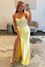 Load image into Gallery viewer, Shine Mermaid Strapless Yellow Corset Prom Dress with Beading