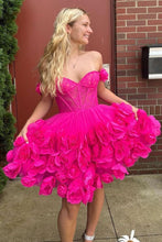 Load image into Gallery viewer, Stunning Hot Pink A-Line Off The Shoulder Short Tulle Homecoming Dress With 3D Flowers