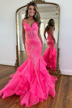 Load image into Gallery viewer, Hot Pink Sequin Long Mermaid Spaghetti Straps Prom Dress With Ruffles