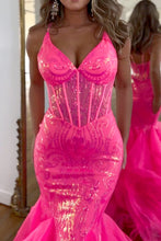 Load image into Gallery viewer, Hot Pink Sequin Long Mermaid Spaghetti Straps Prom Dress With Ruffles