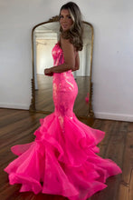 Load image into Gallery viewer, Hot Pink Sequin Long Mermaid Spaghetti Straps Prom Dress With Ruffles