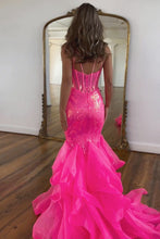 Load image into Gallery viewer, Hot Pink Sequin Long Mermaid Spaghetti Straps Prom Dress With Ruffles