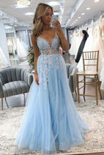 Load image into Gallery viewer, Stunning Light Blue A-Line Spaghetti Straps Long Tulle Prom Dress With Appliques