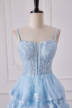 Load image into Gallery viewer, Stunning Light Blue Spaghetti Straps A-Line Long Tiered Prom Dress With Appliques