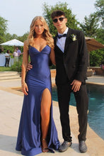 Load image into Gallery viewer, Trendy Mermaid Spaghetti Straps Navy Blue Long Prom Dress with Criss Cross Back