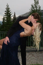 Load image into Gallery viewer, Trendy Mermaid Spaghetti Straps Navy Blue Long Prom Dress with Criss Cross Back