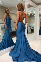Load image into Gallery viewer, Stunning Mermaid Spaghetti Straps Peacock Blue Long Prom Dress with Criss Cross Back