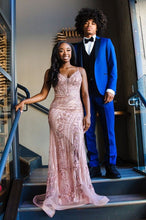Load image into Gallery viewer, Stunning Mermaid Spaghetti Straps Pink Long Prom Dress with Appliques Beading