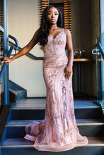 Load image into Gallery viewer, Stunning Mermaid Spaghetti Straps Pink Long Prom Dress with Appliques Beading