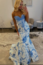 Load image into Gallery viewer, Stunning Mermaid Sweetheart Blue Floral Printed Long Prom Dress with Appliques
