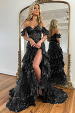 Load image into Gallery viewer, Sparkly Off The Shoulder Long Mermaid Prom Dress With Appliques And Split