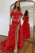 Load image into Gallery viewer, Sparkly Off The Shoulder Long Mermaid Prom Dress With Appliques And Split