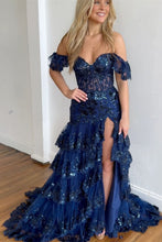 Load image into Gallery viewer, Sparkly Off The Shoulder Long Mermaid Prom Dress With Appliques And Split