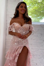 Load image into Gallery viewer, Sparkly Off The Shoulder Long Mermaid Prom Dress With Appliques And Split