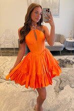 Load image into Gallery viewer, Fashionable A Line Halter Neck Orange Corset Homecoming Dress with Beading