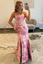 Load image into Gallery viewer, Stunning Mermaid Strapless Pink Floral Printed Long Prom Dress with Bowknot