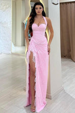 Load image into Gallery viewer, Beautiful Mermaid Halter Neck Pink Long Prom Dress with Lace Up Corset