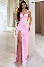 Load image into Gallery viewer, Beautiful Mermaid Halter Neck Pink Long Prom Dress with Lace Up Corset