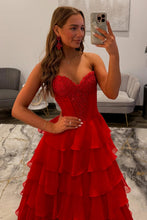 Load image into Gallery viewer, Charming A Line Sweetheart Red Corset Prom Dress with Appliques Ruffles