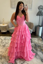 Load image into Gallery viewer, Charming A Line Sweetheart Red Corset Prom Dress with Appliques Ruffles
