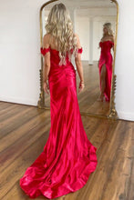 Load image into Gallery viewer, Red Satin Mermaid Off The Shoulder Long Prom Dress With Flowers And Split