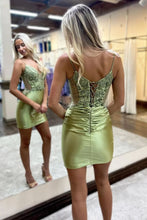 Load image into Gallery viewer, Stunning Sage Green Spaghetti Straps Short Satin Homecoming Dress With Appliques