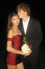 Load image into Gallery viewer, Stunning Sheath Off the Shoulder Dark Red Short Homecoming Dress with Ruched